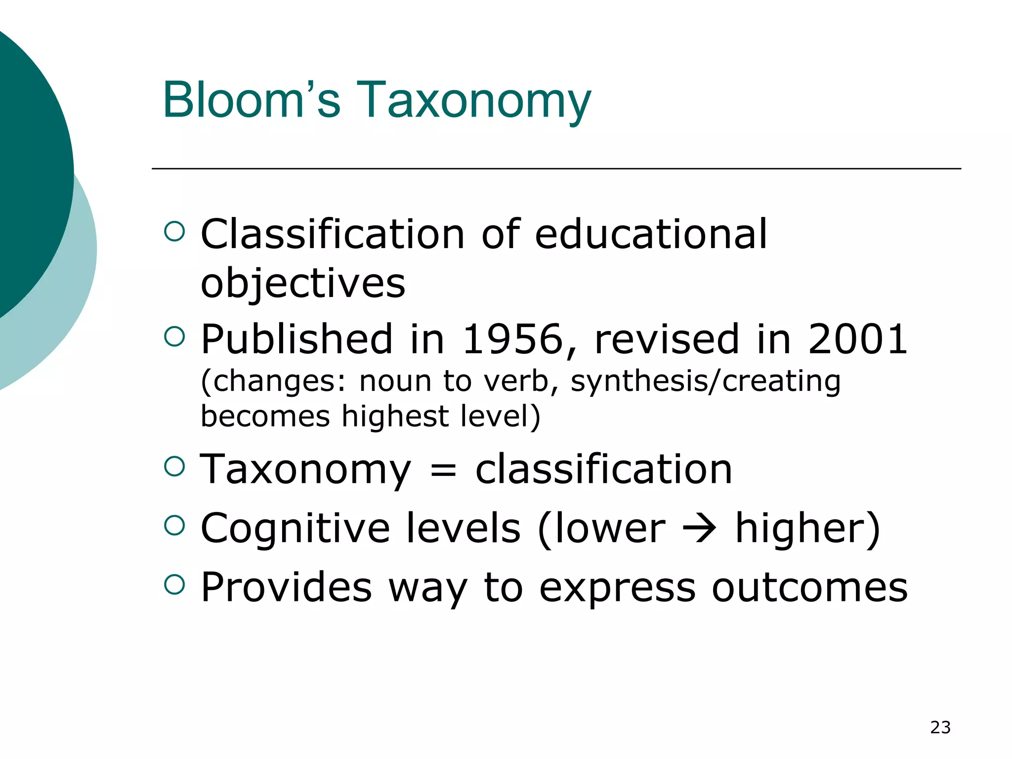 Bloom’s Taxonomy Classification of educational objectives Published in 1956, revised in 2001  (changes: noun to verb, synthesis/creating becomes highest level) Taxonomy = classification Cognitive levels (lower    higher) Provides way to express outcomes 