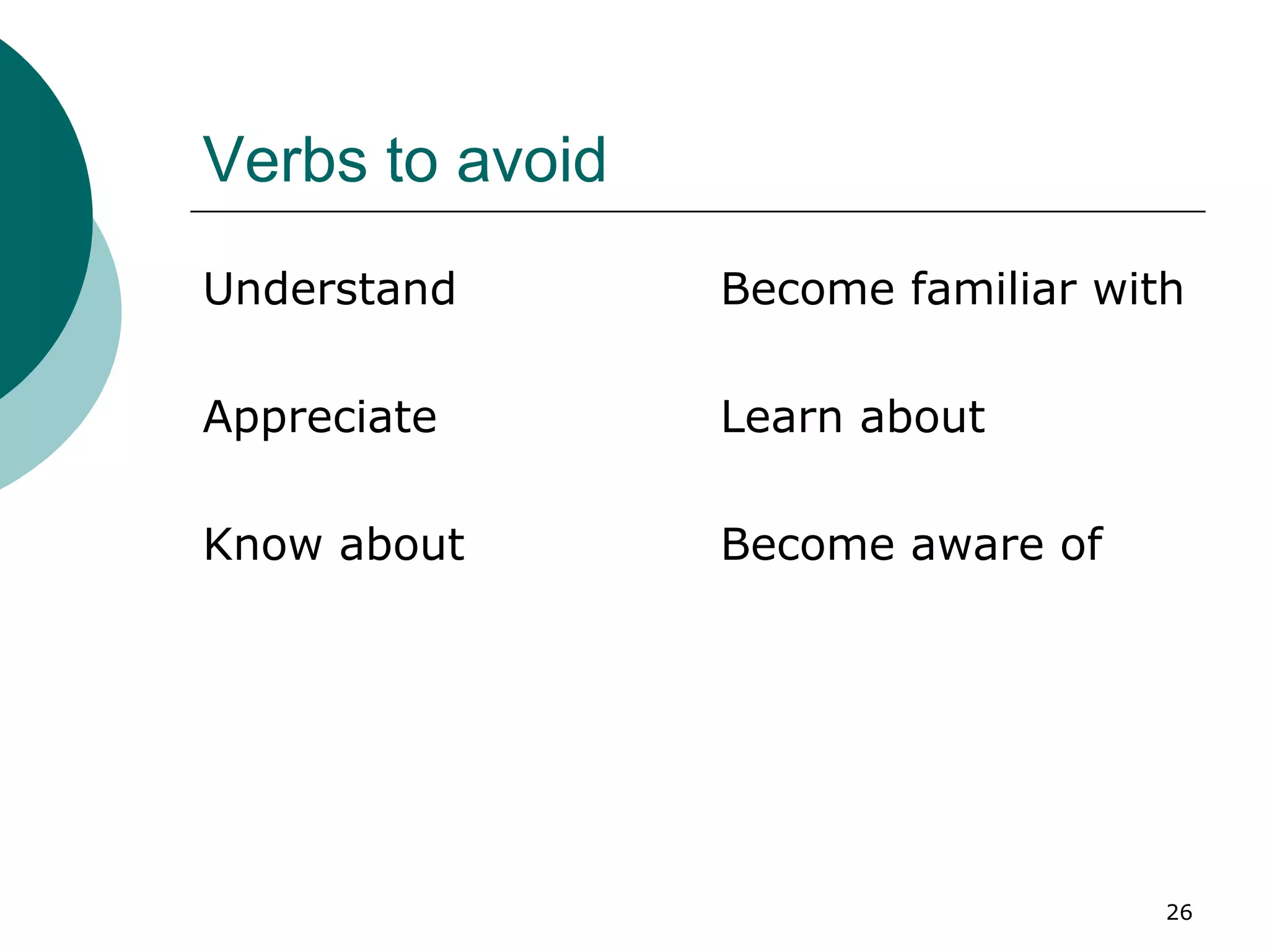 Verbs to avoid Understand Appreciate Know about Become familiar with Learn about Become aware of 