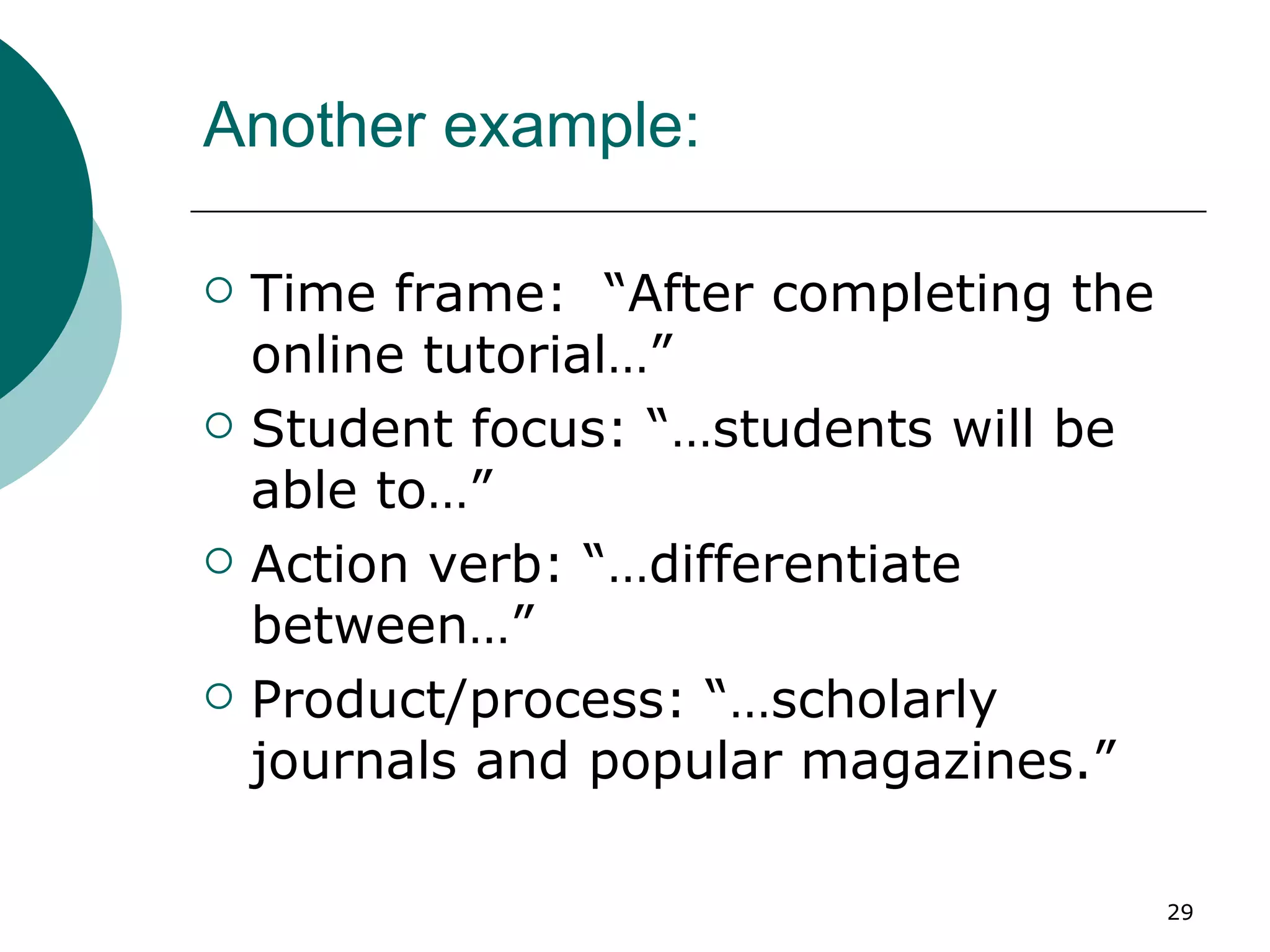 Another example: Time frame:  “After completing the online tutorial…” Student focus: “…students will be able to…” Action verb: “…differentiate between…” Product/process: “…scholarly journals and popular magazines.” 