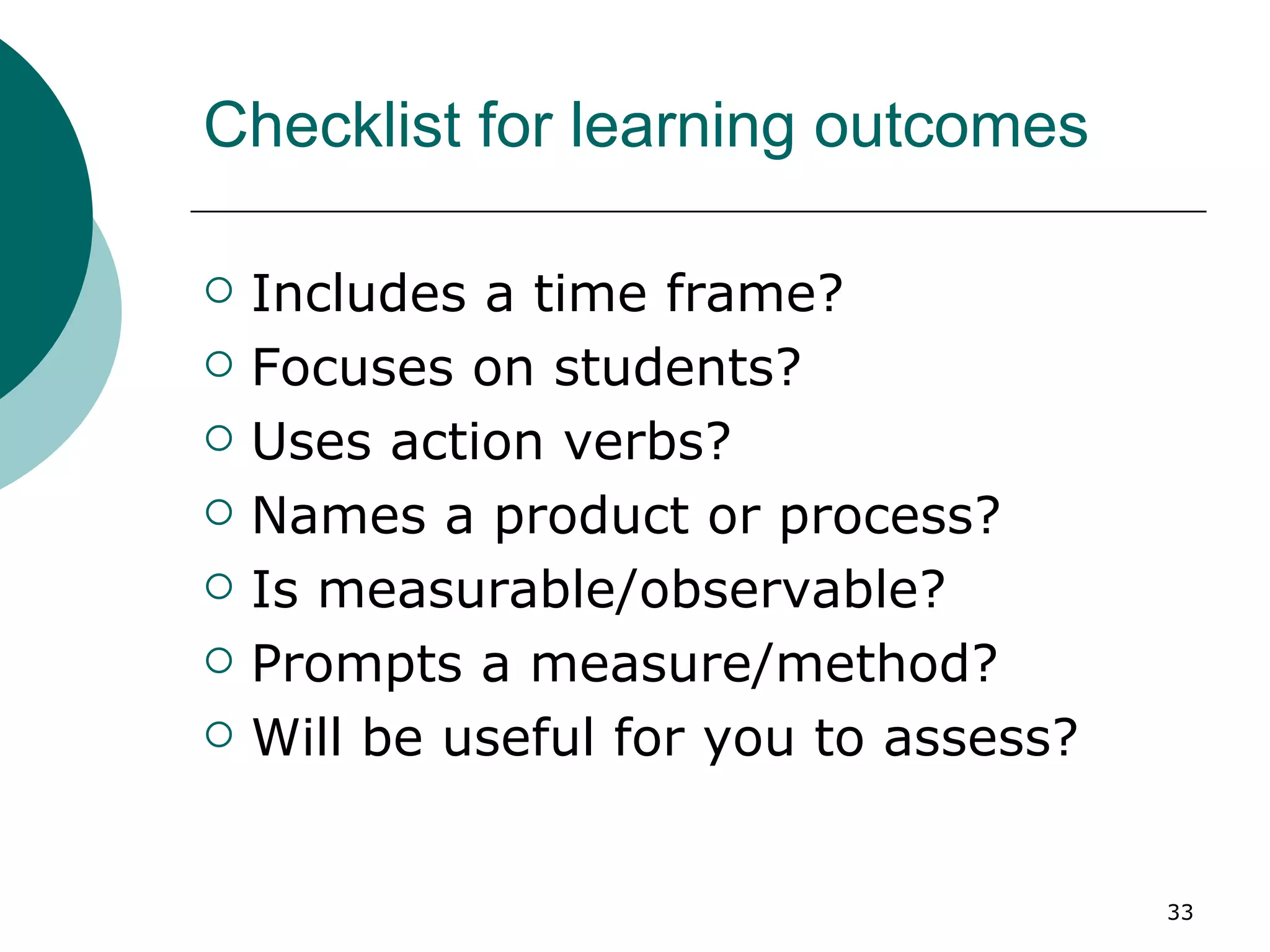 Checklist for learning outcomes Includes a time frame? Focuses on students? Uses action verbs? Names a product or process? Is measurable/observable? Prompts a measure/method? Will be useful for you to assess? 
