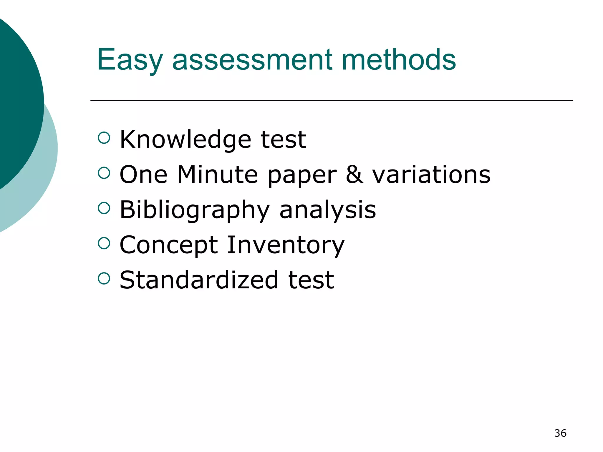 Easy assessment methods Knowledge test One Minute paper & variations Bibliography analysis Concept Inventory Standardized test 