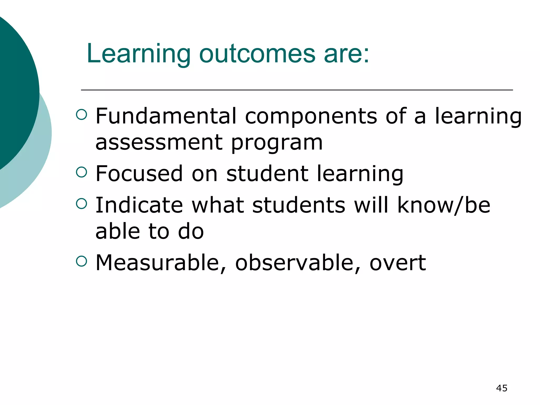 Learning outcomes are: Fundamental components of a learning assessment program Focused on student learning Indicate what students will know/be able to do Measurable, observable, overt 