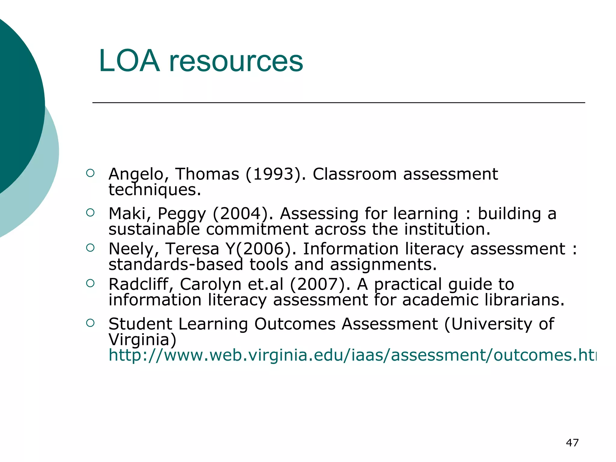 LOA resources Angelo, Thomas (1993). Classroom assessment techniques. Maki, Peggy (2004). Assessing for learning : building a sustainable commitment across the institution. Neely, Teresa Y(2006). Information literacy assessment : standards-based tools and assignments. Radcliff, Carolyn et.al (2007). A practical guide to information literacy assessment for academic librarians. Student Learning Outcomes Assessment (University of Virginia) http://www.web.virginia.edu/iaas/assessment/outcomes.htm 