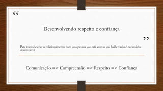 “
”
Desenvolvendo respeito e confiança
Para reestabelecer o relacionamento com uma pessoa que está com o seu balde vazio é necessário
desenvolver
Comunicação => Compreensão => Respeito => Confiança
 