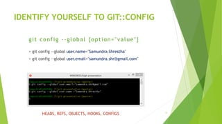 IDENTIFY YOURSELF TO GIT::CONFIG
> git config --global user.name="Samundra Shrestha"
> git config --global user.email="samundra.shr@gmail.com"
13
git config --global {option="value"}
HEADS, REFS, OBJECTS, HOOKS, CONFIGS
 