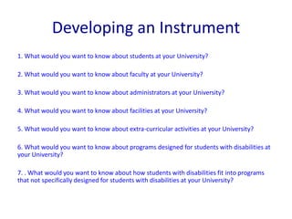 Developing an Instrument 
1. What would you want to know about students at your University? 
2. What would you want to know about faculty at your University? 
3. What would you want to know about administrators at your University? 
4. What would you want to know about facilities at your University? 
5. What would you want to know about extra-curricular activities at your University? 
6. What would you want to know about programs designed for students with disabilities at 
your University? 
7. . What would you want to know about how students with disabilities fit into programs 
that not specifically designed for students with disabilities at your University? 
 