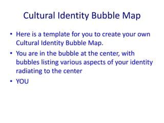 Cultural Identity Bubble Map 
• Here is a template for you to create your own 
Cultural Identity Bubble Map. 
• You are in the bubble at the center, with 
bubbles listing various aspects of your identity 
radiating to the center 
• YOU 
 