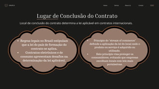 Lugar de Conclusão do Contrato
GRUPO 6 Contact
About Us
Service
Home
Local de conclusão do contrato determina a lei aplicável em contratos internacionais.
Regras legais no Brasil estipulam
que a lei do país de formação do
contrato se aplica.
Contratos eletrônicos e de
consumo apresentam desafios na
determinação da lei aplicável.
Princípio do "stream of commerce"
defende a aplicação da lei do local onde o
produto ou serviço é adquirido ou
utilizado.
Este princípio visa proteger os
consumidores, evitando que empresas
escolham locais com leis mais
permissivas.
 