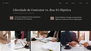 GRUPO 6 Contact
About Us
Service
Home
Liberdade de Contratar vs. Boa-Fé Objetiva
Autonomia Negocial: Direito potestativo
de abandonar as tratativas.
Boa-Fé Objetiva: Protege as expectativas
legítimas criadas durante as negociações.
 