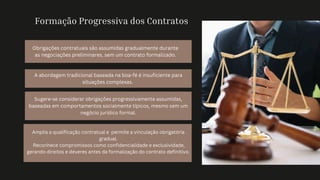 Formação Progressiva dos Contratos
Obrigações contratuais são assumidas gradualmente durante
as negociações preliminares, sem um contrato formalizado.
A abordagem tradicional baseada na boa-fé é insuficiente para
situações complexas.
Sugere-se considerar obrigações progressivamente assumidas,
baseadas em comportamentos socialmente típicos, mesmo sem um
negócio jurídico formal.
Amplia a qualificação contratual e permite a vinculação obrigatória
gradual.
Reconhece compromissos como confidencialidade e exclusividade,
gerando direitos e deveres antes da formalização do contrato definitivo.
 
