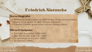 Friedrich Nietzsche
Breve Biografía:
Nacimiento: 15 de octubre de 1844, Röcken, Prusia (hoy Alemania).
Muerte: 25 de agosto de 1900, Weimar, Alemania.
Profesión: Filósofo, poeta, crítico cultural, filólogo clásico.
Obras Principales:
"Así habló Zaratustra" (1883-1885)
"Más allá del bien y del mal" (1886)
"La genealogía de la moral" (1887)
"El anticristo" (1895)
 