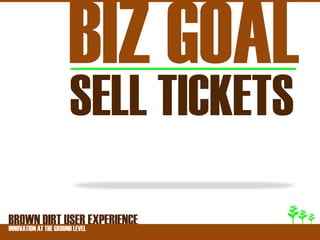 BIZ GOAL
            SELL TICKETS
BROWNATDIRT USER EXPERIENCE
INNOVATION THE GROUND LEVEL
 