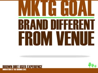 MKTG GOAL
          BRAND DIFFERENT
          FROM VENUE
BROWNATDIRT USER EXPERIENCE
INNOVATION THE GROUND LEVEL
 