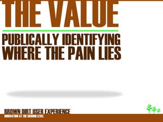 THE VALUE
PUBLICALLY IDENTIFYING
WHERE THE PAIN LIES

BROWNATDIRT USER EXPERIENCE
INNOVATION THE GROUND LEVEL
 