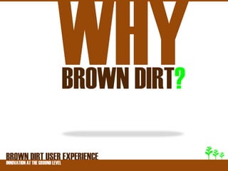 BROWN DIRT?

BROWNATDIRT USER EXPERIENCE
INNOVATION THE GROUND LEVEL
 