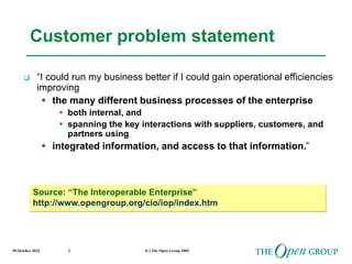 20 October 2022 (C) The Open Group 2003
3
Customer problem statement
 “I could run my business better if I could gain operational efficiencies
improving
 the many different business processes of the enterprise
 both internal, and
 spanning the key interactions with suppliers, customers, and
partners using
 integrated information, and access to that information.”
Source: “The Interoperable Enterprise”
http://www.opengroup.org/cio/iop/index.htm
 
