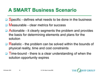 20 October 2022 (C) The Open Group 2003
32
A SMART Business Scenario
 Specific - defines what needs to be done in the business
 Measurable - clear metrics for success
 Actionable - it clearly segments the problem and provides
the basis for determining elements and plans for the
solution
 Realistic - the problem can be solved within the bounds of
physical reality, time and cost constraints
 Time-bound - there is a clear understanding of when the
solution opportunity expires
 