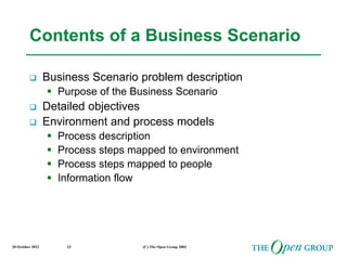 20 October 2022 (C) The Open Group 2003
33
Contents of a Business Scenario
 Business Scenario problem description
 Purpose of the Business Scenario
 Detailed objectives
 Environment and process models
 Process description
 Process steps mapped to environment
 Process steps mapped to people
 Information flow
 