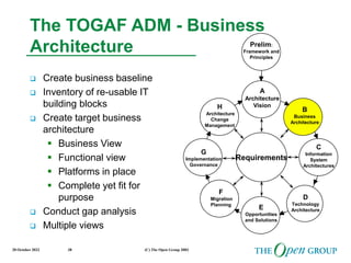 20 October 2022 (C) The Open Group 2003
38
The TOGAF ADM - Business
Architecture
 Create business baseline
 Inventory of re-usable IT
building blocks
 Create target business
architecture
 Business View
 Functional view
 Platforms in place
 Complete yet fit for
purpose
 Conduct gap analysis
 Multiple views
A
Architecture
Vision
H
Architecture
Change
Management
G
Implementation
Governance
C
Information
System
Architectures
Requirements
B
Business
Architecture
E
Opportunities
and Solutions
F
Migration
Planning
Prelim:
Framework and
Principles
D
Technology
Architecture
 