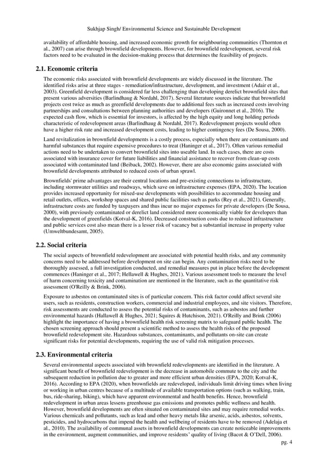 Brownfield land redevelopment strategies in urban areas Criteria