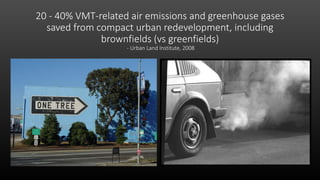 20 - 40% VMT-related air emissions and greenhouse gases
saved from compact urban redevelopment, including
brownfields (vs greenfields)
- Urban Land Institute, 2008
 