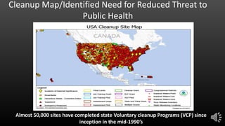 Almost 50,000 sites have completed state Voluntary cleanup Programs (VCP) since
inception in the mid-1990’s
Cleanup Map/Identified Need for Reduced Threat to
Public Health
 