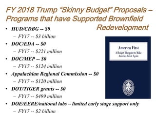 FY 2018 Trump “Skinny Budget” Proposals –
Programs that have Supported Brownfield
Redevelopment• HUD/CDBG -- $0
– FY17 -- $3 billion
• DOC/EDA -- $0
– FY17 -- $221 million
• DOC/MEP -- $0
– FY17 -- $124 million
• Appalachian Regional Commission -- $0
– FY17 -- $120 million
• DOT/TIGER grants -- $0
– FY17 -- $499 million
• DOE/EERE/national labs – limited early stage support only
– FY17 -- $2 billion
 