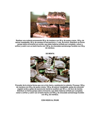 Realizar una cubierta procesando 50 g. de manteca con 50 g. de queso crema, 150 g. de
azúcar impalpable, 50 g. de cerezas al marraschino y 1 cda. de kirsch. Distribuir en forma
   pareja sobre el brownie ya cocido, que debe haberse enfiado por completo, volver a
enfriar y cubrir con un baño hecho con 100 g. de chocolate semiamargo fundido con 50 g.
                                       de manteca.


                                       DE MENTA




Proceder de la misma forma que con el de cherry, cambiando la cubierta: Procesar 100 g.
 de manteca con 50 g. de queso crema, 150 g. de azúcar impalpable, gotas de colorante
  vegetal verde y gotas de esencia de menta (o sustituir por 50 c.c. de licor de menta).
  Distribuir en forma pareja sobre el brownie, que debe haberse enfiado por completo,
 volver a enfriar y cubrir con el baño hecho con100 g. de chocolate semiamargo fundido
                                    con 50 g. de manteca.


                                 CON HIGOS AL RHUM
 