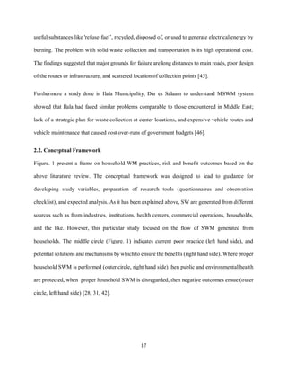 17
useful substances like 'refuse-fuel’, recycled, disposed of, or used to generate electrical energy by
burning. The problem with solid waste collection and transportation is its high operational cost.
The findings suggested that major grounds for failure are long distances to main roads, poor design
of the routes or infrastructure, and scattered location of collection points [45].
Furthermore a study done in Ilala Municipality, Dar es Salaam to understand MSWM system
showed that Ilala had faced similar problems comparable to those encountered in Middle East;
lack of a strategic plan for waste collection at center locations, and expensive vehicle routes and
vehicle maintenance that caused cost over-runs of government budgets [46].
2.2. Conceptual Framework
Figure. 1 present a frame on household WM practices, risk and benefit outcomes based on the
above literature review. The conceptual framework was designed to lead to guidance for
developing study variables, preparation of research tools (questionnaires and observation
checklist), and expected analysis. As it has been explained above, SW are generated from different
sources such as from industries, institutions, health centers, commercial operations, households,
and the like. However, this particular study focused on the flow of SWM generated from
households. The middle circle (Figure. 1) indicates current poor practice (left hand side), and
potential solutions and mechanisms by which to ensure the benefits (right hand side). Where proper
household SWM is performed (outer circle, right hand side) then public and environmental health
are protected, when proper household SWM is disregarded, then negative outcomes ensue (outer
circle, left hand side) [28, 31, 42].
 