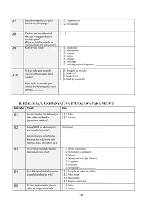 70
A7 Nyumba unayokaa, ni yako
binafsi au ya kupanga?
[ ] 1. Yangu binafsi
[ ] 2. Ya kupanga
A8 Ukubwa wa kaya (familia).
Mnakaa wangapi ndani ya
nyumba yenu?
(Kaya; ni familia ya baba na
mama, watoto na wategemezi).
[ ]
A9 Kabira yako ni ipi? [ ] 1. msukuma
[ ] 2. mnyamwezi
[ ] 3. mzinza
[ ] 4. mjita
[ ] 5. mhaya
[ ] 6. mchagga
[ ] 7. mchanganyiko/zinginezo: __________________________________________
A10
Ni kwa mda gani umeishi
wilaya ya Nyamagana (kwa
miaka)?
Uliza zaidi: ni mwaka gani
ulianza ishi Nyamagana? Kwa
(miaka)___________
[ ]1. Pungufu ya mwaka
[ ]2. Miaka 2-5
[ ]3. Miaka 5-10
[ ]4. Zaidi ya miaka 10
B. UZALISHAJI, UKUSANYAJI NA UTUPAJI WA TAKA NGUMU
Geresho Swali Jibu
B1 Je una chombo cha kukusanyia
taka makazini kwako
(nyumbani kwako)?
[ ] 1. Ndio
[ ] 2, Hapana
B2 Kama NDIO, ni ukubwa gani
wa chombo/vyombo?
Kama mhojiwa ameshindwa
kuelewa, toa mfano wa aina
(kubwa, dogo, la wastani n.k.)
(taja hapa)____________________________________
B3 Je waweka wapi taka ngumu
kila wakati kwa siku?
[ ]1. Mfuko wa plastiki
[ ] 2. Maboksi (ya karatasi)
[ ] 3. kikapu
[ ] 4. Ndoo ya uchafu (ya dukani)
[ ] 5. Si popote
[ ] 6. Sanduku
[ ] 7. mengineyo _________________
B4 Je ni kiasi gani cha taka ngumu
unazalisha ndani ya wiki?
[ ] 1. Pungufu ya ndoo ya uchafu
[ ] 2. Ndoo moja
[ ] 3. Ndoo mbili
[ ] 4. Zinginezo,(zitaje)______________________
B5 Ni nani kwa kawaida anatoa
ndoo au mzigo wa uchafu
[ ] 1. baba
[ ] 2. mama
 