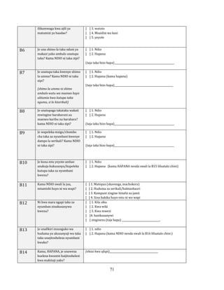 71
ilikumwaga kwa ajili ya
matumizi ya baadae?
[ ] 3. watoto
[ ] 4. Msaidizi wa kazi
[ ] 5. yeyote
B6 Je una shimo la taka ndani ya
makazi yako ambalo unatupa
taka? Kama NDIO ni taka zipi?
[ ] 1. Ndio
[ ] 2. Hapana
(taja taka hizo hapa)_________________________________________________
B7 Je unatupa taka kwenye shimo
la umma? Kama NDIO ni taka
zipi?
(shimo la umma ni shimo
ambalo watu wa maeneo hayo
ulitumia kwa kutupa taka
ngumu, si la kiserikali)
[ ] 1. Ndio
[ ] 2. Hapana (kama hapana)
(taja taka hizo hapa)________________________________________________
B8 Je unatupaga takataka wakati
mwingine barabarani au
maeneo karibu na barabara?
kama NDIO ni taka zipi?
[ ] 1. Ndio
[ ] 2. Hapana
(taja taka hizo hapa)_________________________________________________
B9 Je wapeleka mzigo/chombo
cha taka za nyumbani kwenye
dampo la serikali? Kama NDIO
ni taka zipi?
[ ] 1. Ndio
[ ] 2. Hapana
(taja taka hizo hapa)_________________________________________________
B10 Je kuna mtu yeyote ambae
anakuja kukusanya/kupeleka
kutupa taka za nyumbani
kwenu?
[ ] 1. Ndio
[ ] 2. Hapana (kama HAPANA nenda swali la B15 lifuatalo chini)
B11 Kama NDIO swali la juu,
mtumishi huyo ni wa wapi?
[ ] 1. Matopas (skavenga, machokora)
[ ] 2. Huduma za serikali/halmashauri
[ ] 3. Kampuni zingine binafsi za jamii
[ ] 4. Sina hakika huyo mtu ni wa wapi
B12 Ni kwa mara ngapi taka za
nyumban zinakusanywa
kwenu?
[ ] 1. Kila siku
[ ] 2. Kwa wiki
[ ] 3. Kwa mwezi
[ ]4. hazikusanywi
[ ] zinginezo (taja hapa) _______________________________.
B13 Je unafikiri mzunguko wa
huduma ya ukusanyaji wa taka
taka unajitosheleza nyumbani
kwako?
[ ] 1. ndio
[ ] 2. Hapana (kama NDIO nenda swali la B16 lifuatalo chini )
B14 Kama, HAPANA, je unaweza
kueleza kwanini haijitoshelezi
kwa mahitaji yako?
(eleza kwa ufupi)________________________________________
 