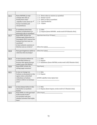 72
B15 Kama HAPANA, je wapi
unatupa taka zako za
haraka/mara moja?
(tafadhari weka alama hii 
kwenye visanduku pale
vinavyokuhusu)
[ ] 1. Shimo ndani ya maeneo ya nyumbani
[ ] 2. Dampo la jirani
[ ] 3. Ndoo ya taka ya nyumbani
[ ] 4. Tupa barabarani
[ ] 5. Popote
B16 Je unafahamu kama kuna
huduma ya halmashauri ya
kukusanya taka za nyumbani?
[ ] 1. Ndio
[ ] 2. Hapana (kama HAPANA , nenda swali B19 lifuatalo chini)
B17 Kama NDIO, Ni kiasi cha
Shilingi ngapi Halmashauri ya
Nyamagana (NCC) inatoza kwa
huduma hizo kwa watu wa
nyumbani?
Je kiasi ambacho unatozwa ni
kikubwa sana au ni ekevu?
(taja kiasi kwa Sh ya TZ hapa)______________________
(Eleza kwa ufupi)_________________________________
B18 Kiasi gani kingekuwa sahihi na
rahisi kwa kila mtu kulipa?
(Eleza kwa ufupi)________________________________
B19 Je kuna jumuiya ambazo sio
za kiserikali ambazo za
kusanya taka ngumu kwenye
makazi unayo ishi (NGOs)?
[ ] 1. Ndio
[ ] 2. Hapana
[ ] 3. Sijafahamu (kama HAPANA, nenda swali la B22 lifuatalo chini)
B20 Kama NDIO, ni kiasi cha
shilingi ngapi wanatoza?
(taja hapa)___________________________________
B21 Je aina na viwango vya
huduma za ukusanyaji wa taka
ngumu zisizo za kiserikali
utofautiana na huduma
ambazo utolewa na manispaa
yenu?
[ ] 1. Ndio
[ ] 2. Hapana
If NDIO, tafadhari eleza tofauti kati
__________________________________________
B22 Je kuna dampo kubwa la taka
taka karibu na nyumbani
kwako?
[ ] 1. Ndio
[ ] 2. Hapana (kama hapana, nenda swali la C1 lifuatalo chini)
B23 Kama NDIO, ni urefu gani hadi
kufika kutoka kwako?
Na inachukua mda gani
(dakika) kutembea hadi kufika
huko?
(eleza hapa)__________________________________
 
