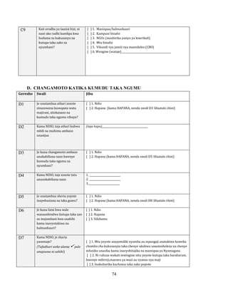 74
C9 Kati orodha ya taasisi hizi, ni
nani uko radhi kumlipa kwa
huduma za kukusanya na
kutupa taka zako za
nyumbani?
[ ] 1. Manispaa/halmashauri
[ ] 2. Kampuni binafsi
[ ] 3. NGOs (mashirika yasiyo ya kiserikali)
[ ] 4. Mtu binafsi
[ ] 5. Vikundi vya jamiii vya maendeleo (CBO)
[ ] 6. Wengine (wataje)________________________________________
D. CHANGAMOTO KATIKA KUMUDU TAKA NGUMU
Geresho Swali Jibu
D1 Je unatambua athari zozote
zinazoweza kuwapata watu
majirani, zitokanazo na
kumudu taka ngumu vibaya?
[ ] 1. Ndio
[ ] 2. Hapana (kama HAPANA, nenda swali D3 lifuatalo chini)
D2 Kama NDIO, taja athari kubwa
mbili na muhimu ambazo
unazijua
(taja hapa)_____________________________________
D3 Je kuna changamoto ambazo
unakabiliana nazo kwenye
kumudu taka ngumu za
nyumbani?
[ ] 1. Ndio
[ ] 2. Hapana (kama HAPANA, nenda swali D5 lifuatalo chini)
D4 Kama NDIO, taja zozote tatu
unazokabiliana nazo
1. _________________________
2. _________________________
3._________________________
D5 Je unatambua sheria yoyote
inayohusiana na taka gumu?
[ ] 1. Ndio
[ ] 2. Hapana (kama HAPANA, nenda swali D8 lifuatalo chini)
D6 Je kuna faini kwa wale
wanaoshindwa kutupa taka zao
za majumbani kwa usahihi
kama inavyotakiwa na
halmashauri?
[ ] 1. Ndio
[ ] 2. Hapana
[ ] 3. Sifahamu
D7 Kama NDIO, je sharia
yasemaje?
(Tafadhari weke alama  pale
unapoona ni sahihi)
[ ] 1. Mtu yeyote anayemiliki nyumba au mpangaji anatakiwa kuweka
chombo cha kukusanyia taka chenye ukubwa unaotosheleza na chenye
mfuniko unaofaa kama inavyohitajika na manispaa ya Nyamagana
[ ] 2. Ni ruhusa wakati mwingine mtu yeyote kutupa taka barabarani,
kwenye mifereji,maeneo ya wazi au vyanzo vya maji
[ ] 3. Inakubarika kuchoma taka zako popote
 