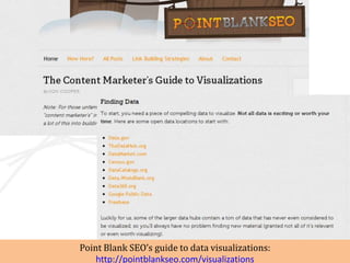 Point Blank SEO’s guide to data visualizations:
    http://pointblankseo.com/visualizations
 