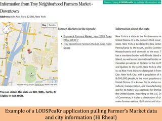 Example of a LODSPeaKr application pulling Farmer’s Market data
                and city information (Hi Rhea!)
 