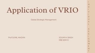 Application of VRIO
SOUMYA SINGH
MIB SEM IV
Prof SUNIL MADAN
I
N
D
I
V
I
D
U
A
L
A
S
S
I
G
N
M
E
N
T
Global Strategic Management
 