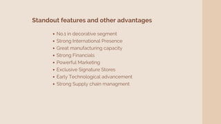 No.1 in decorative segment
Strong International Presence
Great manufacturing capacity
Strong Financials
Powerful Marketing
Exclusive Signature Stores
Early Technological advancement
Strong Supply chain managment
Standout features and other advantages
 