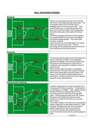 BALL EXCHANGE PASSING

Passing
                                      Players are positioned as shown in four squads
                                      with a ball at two diagonally opposite groups. The
                                      front players take a touch and then play a
                                      weighted pass (1) across to each other. They
                                      move forward and, on receiving the other ball,
                                      pass it (2) to the front player of the facing group
                                      then follow their pass to the back of the facing
                                      group.
                                      The receiving player at the front of the opposite
                                      line passes the ball (3) to the new front player in
                                      the original starting position. The activity then
                                      resumes as before.
                                      Later the exercise can be attempted at increased
                                      speed and with one touch only. Then to
                                      encourage left foot passes the exercise should be
                                      done starting at the two other groups.

Shooting


                                      The shooting activity begins as for the passing one
                                      with an exchange of balls (1) from diagonally
                                      opposite front players. The next pass to the same
                                      front player of the facing line is a lay-off (2) to
                                      enable the receiving player to dribble forward (3)
                                      and shoot (4).
                                      After shooting, either the player or goalkeeper
                                      plays the ball to the side of the squad on his right
                                      where other spare balls should be located. This
                                      helps to ensure that the exercise flows without
                                      interruption. He then joins the end of the opposite
                                      squad as in the passing activity.

Crossing and Finishing

                                      A further progression is to make the activity into a
                                      ‘Crossing and Finishing’ exercise. The fist pass is
                                      an exchange (1) as before. Then, instead of laying
                                      the ball off inside it is played wide (2) for the
                                      receiving player from the front of the opposite
                                      group. Having played the ball out for the ‘winger’,
                                      the player who initiated the exercise moves
                                      forward as a striker to finish the cross from the
                                      other squad.
                                      The winger dribbles (3) the ball into a wide position
                                      before crossing (4) for the striker’s finish (5). After
                                      shooting, the player joins the end of the squad
                                      straight opposite from where he started (6).
                                      The new front players take another ball and
                                      recommence the activity with the opening diagonal
                                      pass.
                                                                   Craig Brown
 