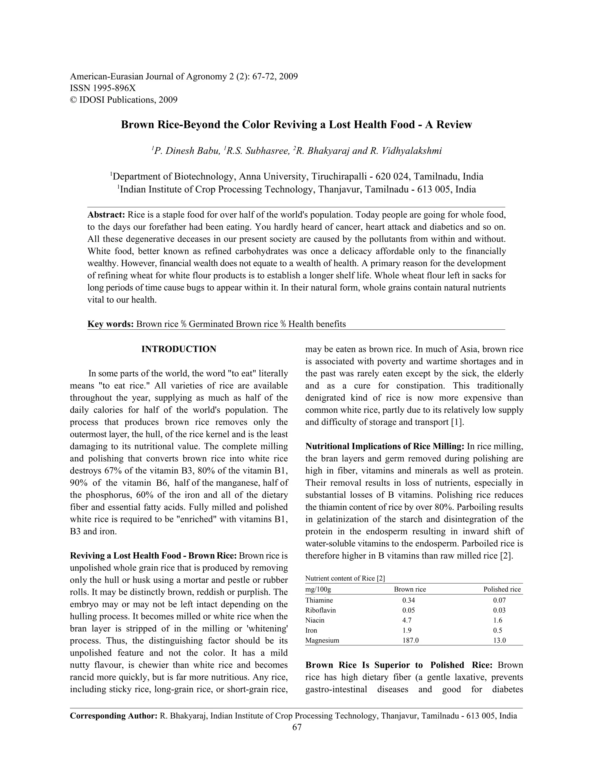 Brown rice beyond the color reviving a lost health food - a review | PDF