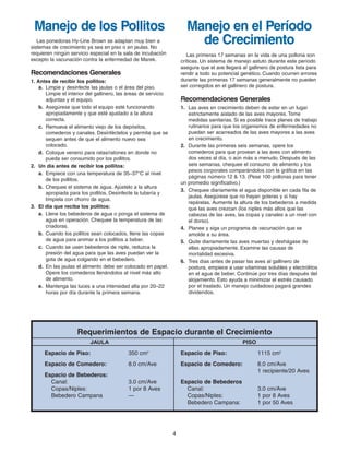 Requerimientos de Espacio durante el Crecimiento
4
Manejo de los Pollitos
Las ponedoras Hy-Line Brown se adaptan muy bien a
sistemas de crecimiento ya sea en piso o en jaulas. No
requieren ningún servicio especial en la sala de incubación
excepto la vacunación contra la enfermedad de Marek.
Recomendaciones Generales
1. Antes de recibir los pollitos:
a. Limpie y desinfecte las jaulas o el área del piso.
Limpie el interior del gallinero, las áreas de servicio
adjuntas y el equipo.
b. Asegúrese que todo el equipo esté funcionando
apropiadamente y que esté ajustado a la altura
correcta.
c. Remueva el alimento viejo de los depósitos,
comederos y canales. Desinféctelos y permita que se
sequen antes de que el alimento nuevo sea
colocado.
d. Coloque veneno para ratas/ratones en donde no
pueda ser consumido por los pollitos.
2. Un día antes de recibir los pollitos:
a. Empiece con una temperatura de 35–37°C al nivel
de los pollitos.
b. Chequee el sistema de agua. Ajústelo a la altura
apropiada para los pollitos. Desinfecte la tubería y
límpiela con chorro de agua.
3. El día que reciba los pollitos:
a. Llene los bebederos de agua o ponga el sistema de
agua en operación. Chequee la temperatura de las
criadoras.
b. Cuando los pollitos sean colocados, llene las copas
de agua para animar a los pollitos a beber.
c. Cuando se usen bebederos de niple, reduzca la
presión del agua para que las aves puedan ver la
gota de agua colgando en el bebedero.
d. En las jaulas el alimento debe ser colocado en papel.
Opere los comederos llenándolos al nivel más alto
de alimento.
e. Mantenga las luces a una intensidad alta por 20–22
horas por día durante la primera semana.
Manejo en el Período
de Crecimiento
Las primeras 17 semanas en la vida de una pollona son
críticas. Un sistema de manejo astuto durante este período
asegura que el ave llegará al gallinero de postura lista para
rendir a todo su potencial genético. Cuando ocurren errores
durante las primeras 17 semanas generalmente no pueden
ser corregidos en el gallinero de postura.
Recomendaciones Generales
1. Las aves en crecimiento deben de estar en un lugar
estrictamente aislado de las aves mayores. Tome
medidas sanitarias. Si es posible trace planes de trabajo
rutinarios para que los organismos de enfermedades no
puedan ser acarreados de las aves mayores a las aves
en crecimiento.
2. Durante las primeras seis semanas, opere los
comederos para que provean a las aves con alimento
dos veces al día, o aún más a menudo. Después de las
seis semanas, chequee el consumo de alimento y los
pesos corporales comparándolos con la gráfica en las
páginas número 12 & 13. (Pese 100 pollonas para tener
un promedio significativo.)
3. Chequee diariamente el agua disponible en cada fila de
jaulas. Asegúrese que no hayan goteras y si hay
repárelas. Aumente la altura de los bebederos a medida
que las aves crezcan (los niples más altos que las
cabezas de las aves, las copas y canales a un nivel con
el dorso).
4. Planee y siga un programa de vacunación que se
amolde a su área.
5. Quite diariamente las aves muertas y deshágase de
ellas apropiadamente. Examine las causas de
mortalidad excesiva.
6. Tres días antes de pasar las aves al gallinero de
postura, empiece a usar vitaminas solubles y electrólitos
en el agua de beber. Continúe por tres días después del
alojamiento. Esto ayuda a minimizar el estrés causado
por el traslado. Un manejo cuidadoso pagará grandes
dividendos.
JAULA
Espacio de Piso: 350 cm2
Espacio de Comedero: 8.0 cm/Ave
Espacio de Bebederos:
Canal: 3.0 cm/Ave
Copas/Niples: 1 por 8 Aves
Bebedero Campana —
PISO
Espacio de Piso: 1115 cm2
Espacio de Comedero: 8.0 cm/Ave
1 recipiente/20 Aves
Espacio de Bebederos
Canal: 3.0 cm/Ave
Copas/Niples: 1 por 8 Aves
Bebedero Campana: 1 por 50 Aves
Brown Span Guts 11/7/06 1:57 PM Page 3
 
