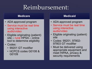 Reimbursement: 
Medicare 
• ADA approved program 
• Service must be real time 
using interactive 
audio/video 
• Eligible originating (patient) 
site – rural HPSA – online 
tool to determine eligibility 
• Codes: 
• 99201 GT modifier 
• HCPCS codes G0108 & 
G0109 
Medicaid 
• ADA approved program 
• Service must be real time 
using interactive 
audio/video 
• Eligible originating (patient) 
site 
• Codes: 99201, 97802- 
97803 GT modifier 
• Must be delivered using 
appropriate equipment and 
meet HIPAA, privacy & 
security requirements 
 