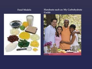 Handouts such as: My Carbohydrate 
Guide 
Food Models 
 
