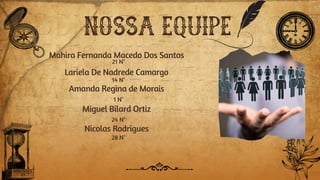 NOSSA EQUIPE
Nicolas Rodrigues
Lariela De Nadrede Camargo
Mahira Fernanda Macedo Dos Santos
21 N°
14 N°
24 N°
1 N°
Amanda Regina de Morais
28 N°
Miguel Bilard Ortiz
 