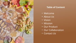 Table of Content
• Welcome
• About Us
• Vision
• Mission
• Our Product
• Our Collaboration
• Contact Us
 
