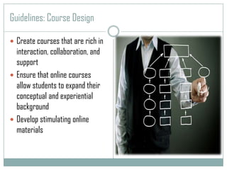 Guidelines: Course DesignCreate courses that are rich in interaction, collaboration, and supportEnsure that online courses allow students to expand their conceptual and experiential backgroundDevelop stimulating online materials 