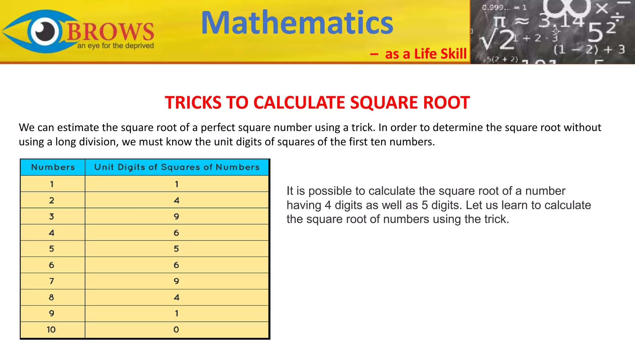 Mathematics
– as a Life Skill
We can estimate the square root of a perfect square number using a trick. In order to determine the square root without
using a long division, we must know the unit digits of squares of the first ten numbers.
TRICKS TO CALCULATE SQUARE ROOT
It is possible to calculate the square root of a number
having 4 digits as well as 5 digits. Let us learn to calculate
the square root of numbers using the trick.
 