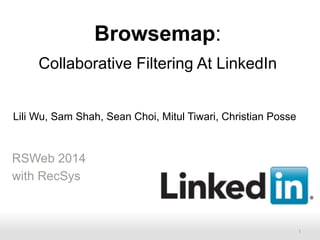 Browsemap: 
Collaborative Filtering At LinkedIn 
Lili Wu, Sam Shah, Sean Choi, Mitul Tiwari, Christian Posse 
RSWeb 2014 
with RecSys 
Recruiting Solutions 1 
 