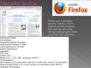 MozillafirefoxFirefox uses a sandbox security. Use SSL / TLS to protect communications with web servers using strong cryptography when using the https protocol.