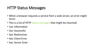 HTTP Status Messages
• When a browser requests a service from a web server, an error might
occur.
• This is a list of HTTP status messages that might be returned:
• 1xx: Information
• 2xx: Successful
• 3xx: Redirection
• 4xx: Client Error
• 5xx: Server Error
 