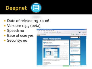 DeepnetDate of release: 19-10-06Version: 1.5.3 (beta)Speed: noEase of use: yesSecurity: no